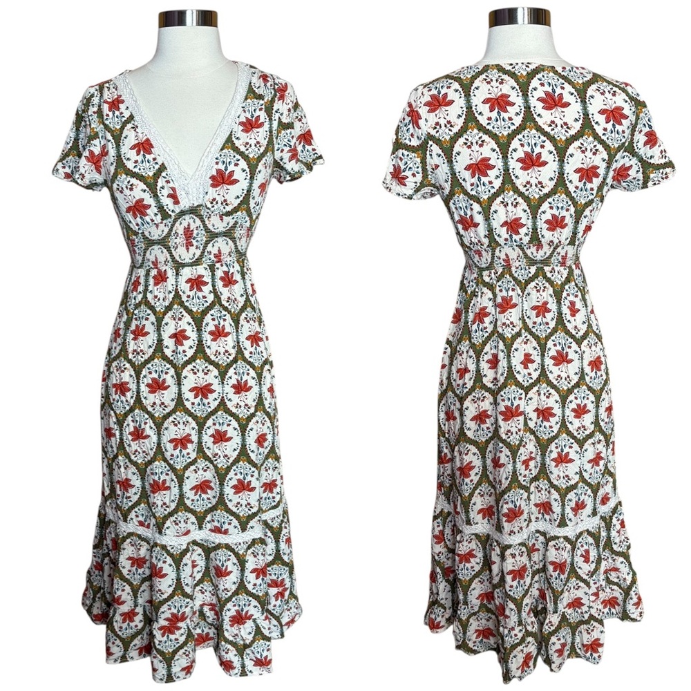 Springfield Boho Cottagecore Crochet Lace VNeck Smocked Waist Short Sleeve Dress